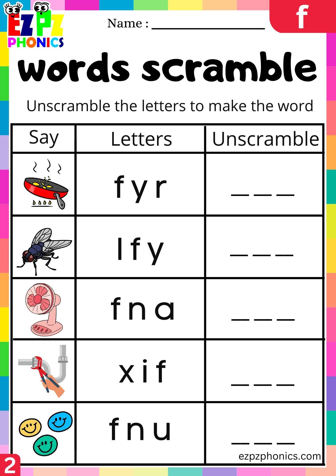 Group2 Letter F Words Scramble Beginning Sounds Worksheet